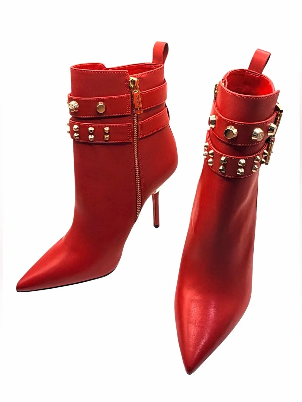 Michael Kors Amal Studded Leather Ankle Boots Crimson Red Gold Studs Stiletto 7M